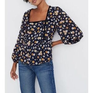 Madewell‎ Velvet Trim Square Neck Floral Top Petal Party Navy Womens Size S